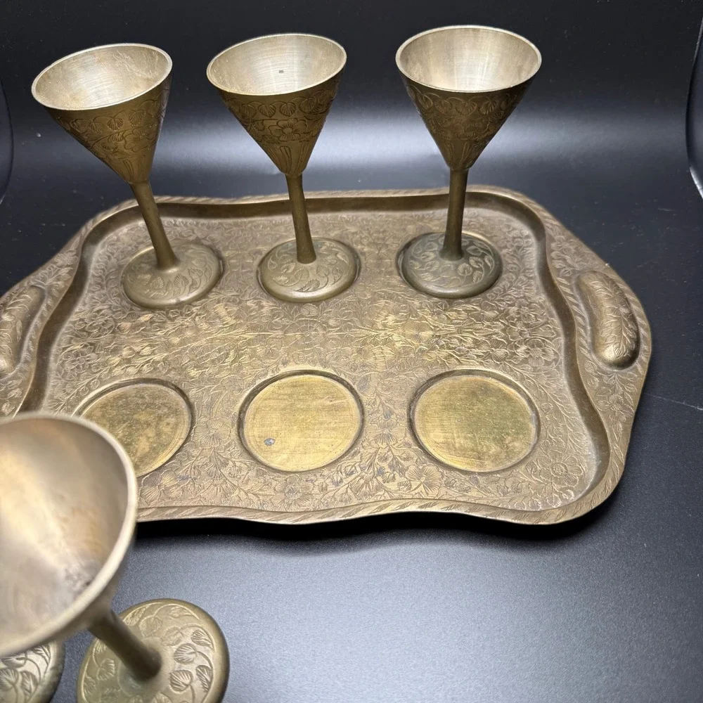 Vintage Brass Shot‎ Glasses Set with Etched Tray Made in India